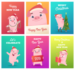 Poster - New year cards template. Celebration funny badges with pig boar hog piglet characters vector design projects. Illustration of happy new year 2019 and merry christmas banner