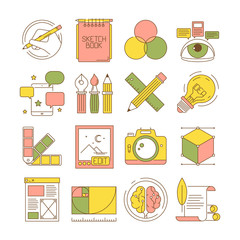 Poster - Design process icons. Packing art creative web products and services blogging retouch stationary vector flat pictures. Tools stationary, modeling and editor, pen and ruler illustration