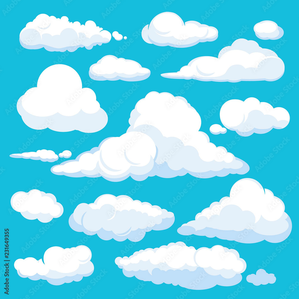 Fluffy cartoon clouds. Shine sky weather illustration panorama clean vector set isolated. Cloudscape and cloud nature fluffy in air - obrazy, fototapety, plakaty 
