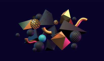 Poster - 3d abstract black, gold and teal colored geometric shapes. memphis inspired. eps10 vector