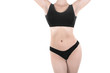 © junky_jess - Female cropped fit body in black base underwear, isolated on white.