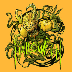 Sticker - Scart cartoon original drawing of a nature spirit shaman. Bogy creature with sharp claws, scary pumpkin shoulders
and vines growing from his hands. Hand drawn symbol of Halloween and Samhain 