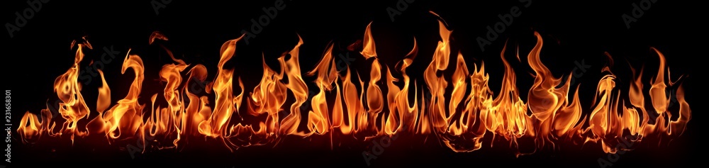 Fire - the line of fire created by excellent flames on a horizontal surface - a large set of fiery elements on a black background - obrazy, fototapety, plakaty 