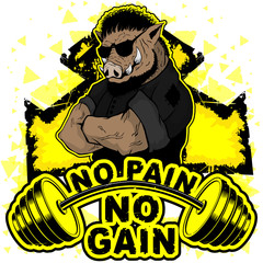 Wall Mural - Vector illustration barbell and strong wild boar. No pain - no gain inspirational lettering.