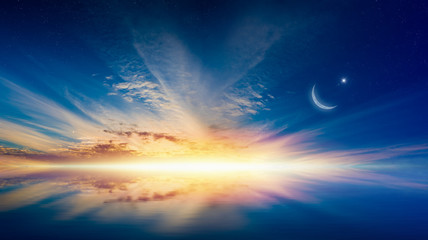 Wall Mural - ramadan kareem background with crescent, stars and glowing horizon