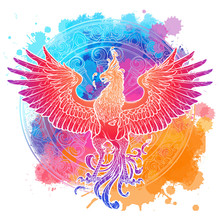 Mythycal Bird Phoenix. Samsara Wheel On A Background. Sycle Of Life And Death, Symbol Of Rebirth. Tattoo, Textile, Poster Design. Sketch Isolated On Textured Watercolor Background. EPS10 Vector.