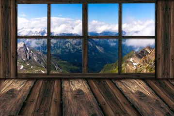 Background of summer window mountain landscape panorama and shabby table place