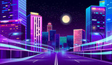 Fototapeta  - Vector empty road in modern megapolis at night. Trails on asphalt way in glowing city, motion on highway. Urban skyscrapers in neon colors, town exterior, architecture background. Cityscape concept.