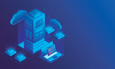 Wall Mural - 3D illustration of big data server connected with laptop and local servers on glossy blue background, Isometric design for Data Center concept.