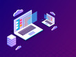 Isometric illustration of laptop connected with server on purple background for Data Management concept isometric design.