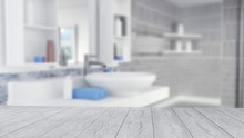 Bathroom Interior Design With Blue Towels And Empty Wooden Floor
