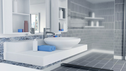 Wall Mural - 3D Rendered Bathroom Interior Design With Blue Towels