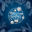 Merry Christmas card with realistic silver balls, stars in round frame. Sketch of different branches of fir tree, cedar, pine, hawthorn and cones on blue background. Elegant lettering