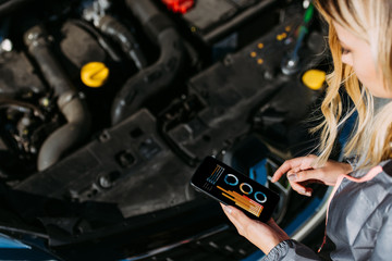 Wall Mural - cropped shot of woman using smartphone with graphs on screen while repairing broken car