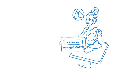 Poster - Modern female robot error wrong password login problem futuristic artificial intelligence technology concept sketch doodle horizontal vector illustration