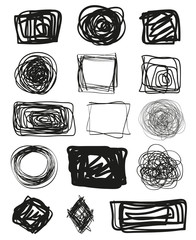 Grunge geometric signs. Infographic elements on isolated background. Big set on white. Hand drawn simple tangled symbols. Doodles for design. Line art. Abstract circles, ovals and rectangle frames