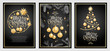 Set of three card Merry Christmas and Happy New Year. Christmas tree, golden glass balls, stars, sequins and elegant lettering on black background. Sketch of branches fir tree, cedar, pine and cones