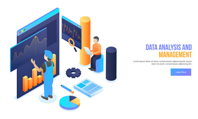 Canvas Print - Data Analysis and Management concept with isometric illustration of miniature business people maintain or analysis data for Responsive web banner design.