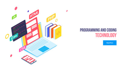 Poster - Programming and Coding Technology web banner design, Isometric laptop with different programing languages, books and smartphone illustration.