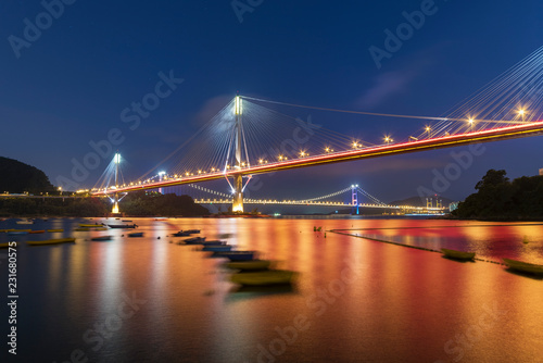 Fotografie, Obraz Ting Kau Bridge and Tsing Ma Bridge in Hong Kong at night