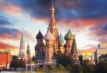 Moscow, Russia - Red Square View Of St. Basil's Cathedral At Sunrise, Nobody