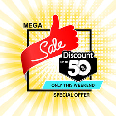 Poster - Vector big sale banner. Mega sale, up to 50  off. Red blue special offer only this weekend. Template design with best choice symbol on yellow striped background. Discount label.
