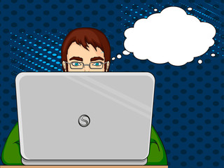A male programmer works for laptops. IT staff at the computer. Pop art raster. Imitation of the cosiness of style. Text bubble.