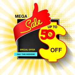 Poster - Vector big sale banner. Mega sale, up to 50  off. Red blue yellow special offer only this weekend. Template design with best choice symbol on yellow striped background. Discount label.