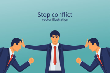 stop conflict. businessman referee finds compromise. mediator solving competition. conflict and solu