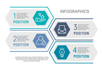 Flat line vector illustration. Infographic template with four elements, hexagons, rectangle. Timeline step by step. Designed for business, presentations, web design, diagrams, training with 4 steps