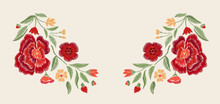 Embroidered Red  Flowers. Vector Floral Print.