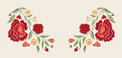 Embroidered red  flowers. Vector floral print.