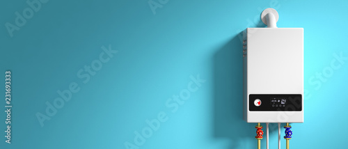 Fotografía Home gas boiler, water heater isolated on blue background