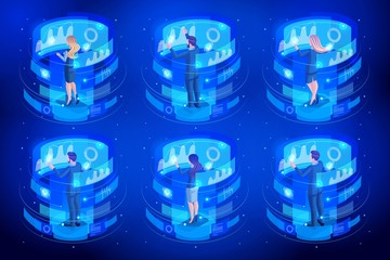 Poster - isometrics set of businessmen and business ladies work on virtual screens, watch reports on sales an