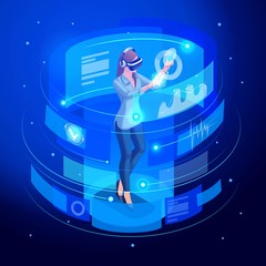 Poster - isometric business lady works virtual screen, watches reports on sales and sales schedules. high tec