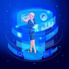 Poster - isometric business lady works virtual screen, looks documents, analyzes, reports, data using high te