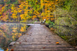 Please sit, enjoy.  A wood bench sits on a pier in a serene portion of a lake surrounded by the beautiful colorful fall foliage.