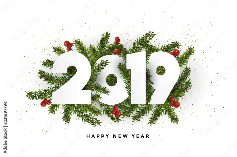 Holiday New year card  2019 - fir branches - obrazy, fototapety, plakaty 