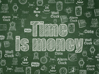 Wall Mural - Time concept: Chalk White text Time Is money on School board background with  Hand Drawing Time Icons, School Board