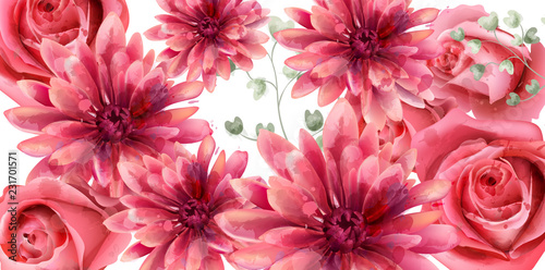 Spring roses and daisy flowers banner watercolor Vector. Beautiful vintage pa...