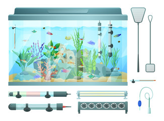 Wall Mural - Aquarium and Devices Set, Vector Illustration