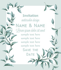 Wall Mural - Invitation card with green branches watercolor Vector. Beautiful vintage pastel colors floral decor frames