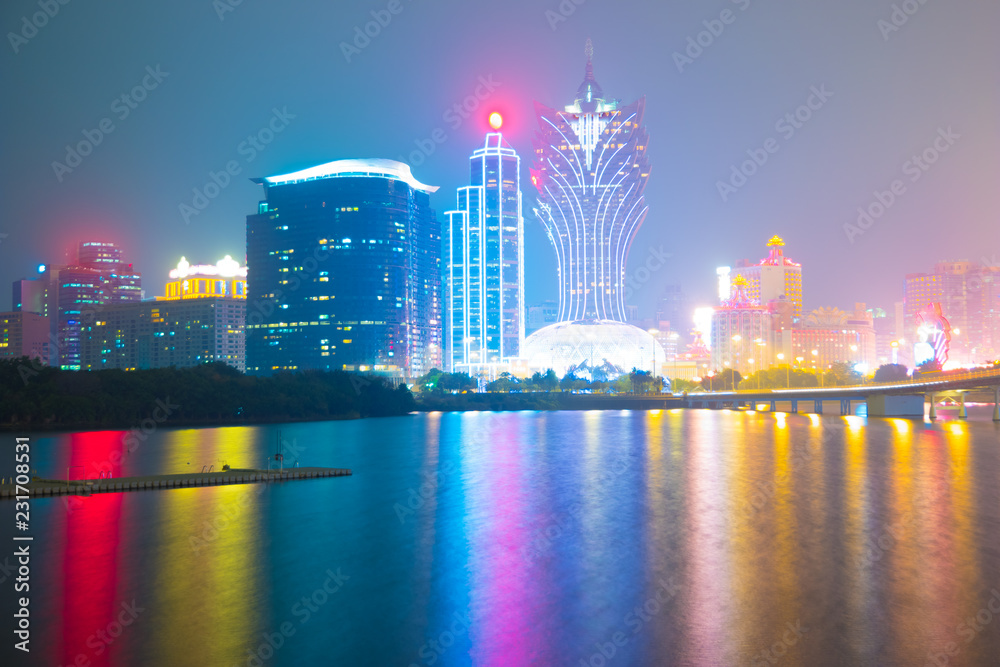 Panorama viewpoint urban landscape twilight night traffic in Macau - obrazy, fototapety, plakaty 