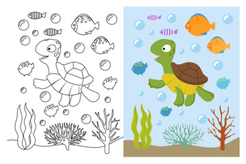 Poster - Turtle coloring pages. Cartoon swimming sea animals underwater. Vector illustration for kids coloring book. Underwater sea, turtle animal and fish