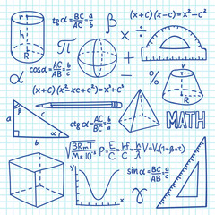 Doodle maths and geometry concept. Trigonometry functions, charts and mathematical formulas. Vector school education background. Mathematics formula and geometry function illustration