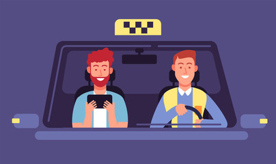 Poster - Taxi app. Client and taxi driver inside cab cabin. Taxi booking smartphone application vector background. Illustration of taxi client in automobile