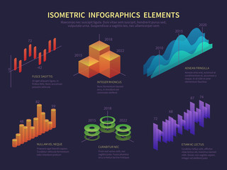 Wall Mural - Isometric infographics. Presentation graphics, statistics data layer, growth chart and financial diagram. Vector digital infographic. Illustration of isometric diagram, infographic presentation