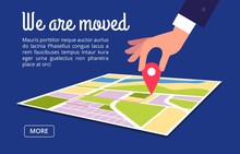 Moving Concept. Changing Address, New Location On Navigation Map Vector Background. Illustration Of We Moved Navigation Banner