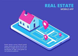 Wall Mural - Real estate mobile app. Isometric house on cellphone screen. Search house technology for phone application. Vector concept. Illustration of building home on mobile screen isometric