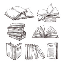Sketch Books. Ink Drawing Vintage Open Book And Books Pile. School Education And Library Doodle Vector Symbols. Education Book Sketch, Pile Of Literature Drawing Illustration